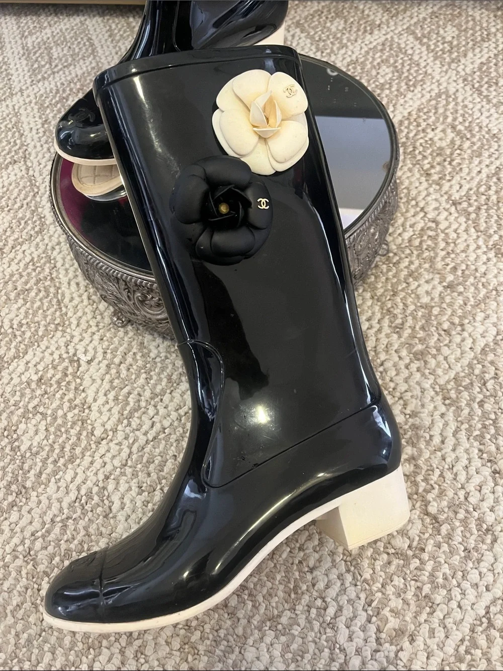 Authentic CHANEL Black Patent Rain Boots with Black and Cream Camellia